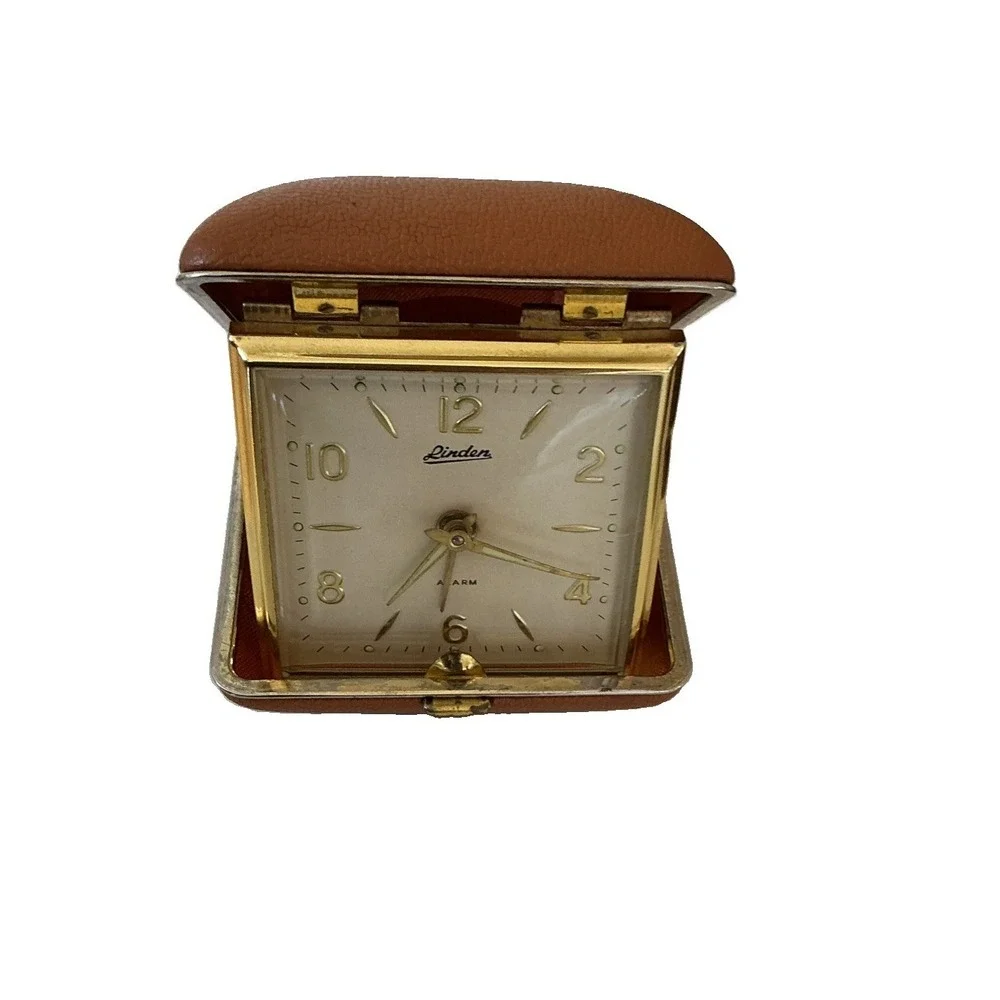 Vintage Linden Wind Up Travel Alarm Clock Brown Folding Case Working